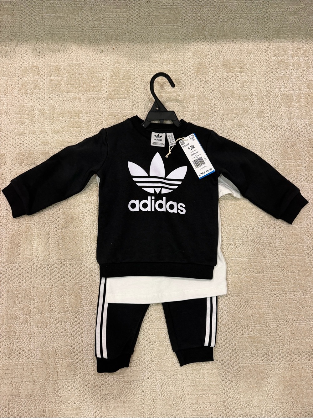 Adidas Originals Crew Set – 3-piece baby outfit, size 12M.